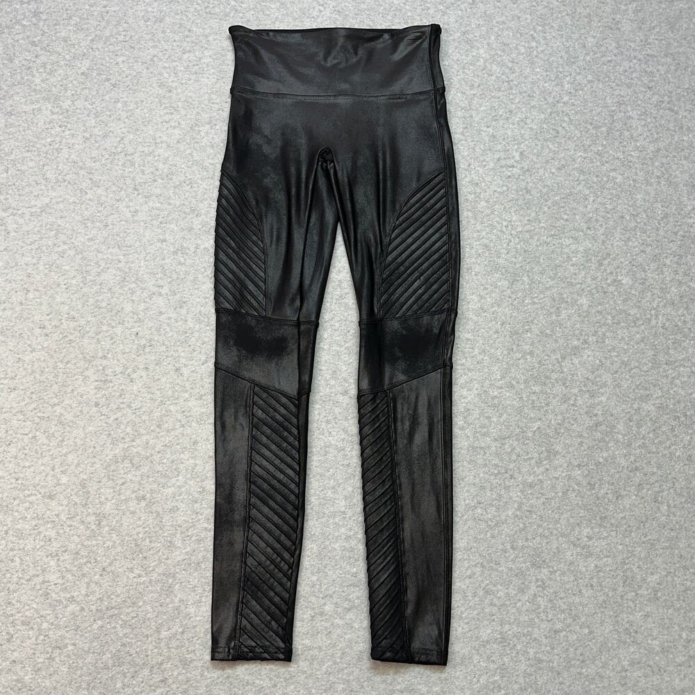 Spanx Leggings WMNS M Black Metallic Faux Leather Moto Skinny Textured Mid Rise